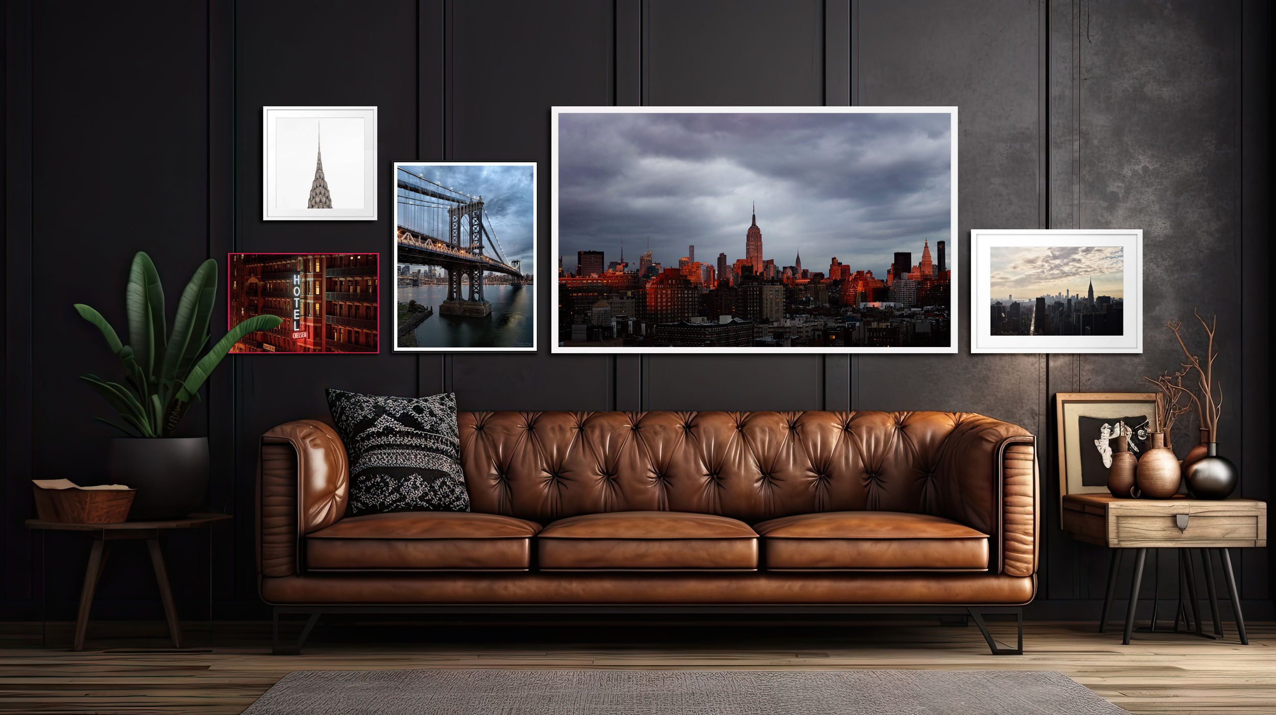 Brown leather sofa in a living room with framed pictures on the wall.